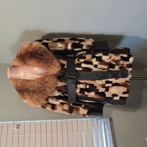 Christmas Vintage 70s patchwork fur belted car coat women medium mob wife